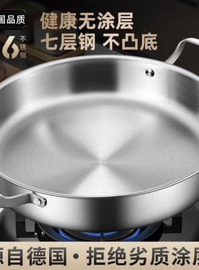 德国316不锈钢平底锅无涂层双耳电磁炉燃气通不粘锅烙饼牛排煎锅