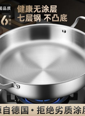 德国316不锈钢平底锅无涂层双耳电磁炉燃气通不粘锅烙饼牛排煎锅
