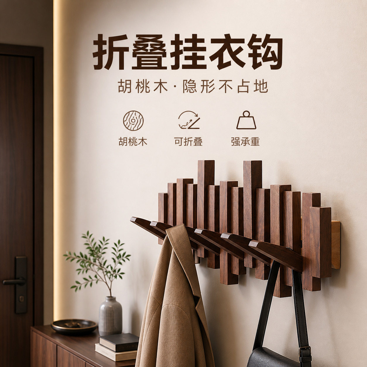 黑胡桃实木创意钢琴键挂钩进门免打孔墙上壁挂衣帽原木可折叠挂钩