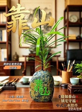 靠山石花瓶小罐灵璧石花盆石刻画工艺礼品酒店茶楼店铺办公摆件