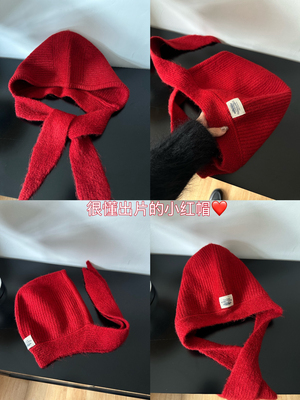 秋冬超出片小红帽 韩系ins风红色针织毛线帽女保暖护颈围脖围巾男