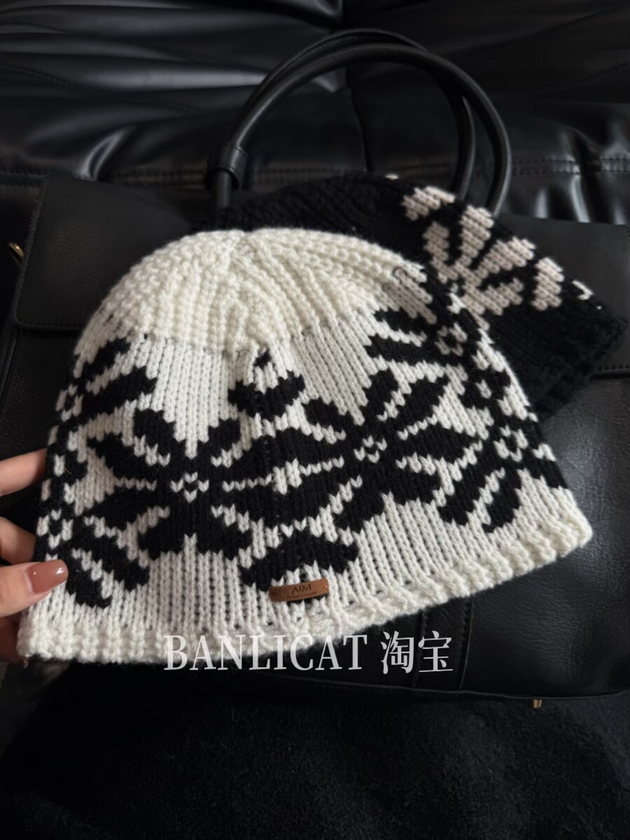 Banlicat 100%纯羊毛冷帽男女费尔岛雪花针织毛线帽子女保暖韩系