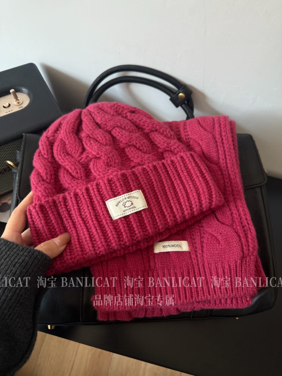 100%羊毛 高级感 小众韩版显白玫红麻花毛线围巾女秋冬季加厚围脖