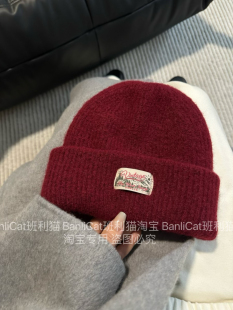 Banlicat 美式显白酒红色针织帽女双层保暖冷帽滑雪大头毛线帽冬