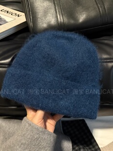 高级感蓝色毛绒冷帽针织帽男女 韩系冬季保暖加厚纯色显白毛线帽