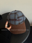 BanliCat秋冬韩版 显白蓝咖撞色显脸小鸭舌帽子男女格纹棒球帽百搭