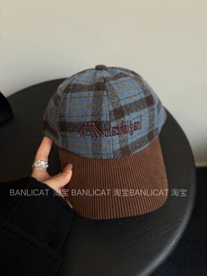 BanliCat秋冬韩版显白蓝咖撞色显脸小鸭舌帽子男女格纹棒球帽百搭