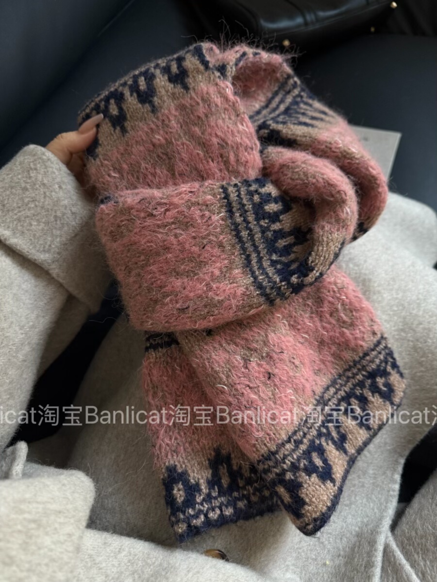谁懂这种粉色 显白又出片～韩版ins风费尔岛秋冬保暖围巾男女围脖