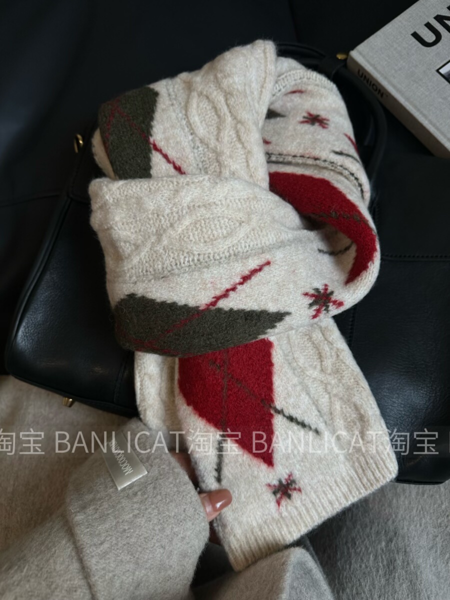 BanliCat英伦含羊毛圣诞氛围感红色针织围巾女秋冬保暖围脖披肩男