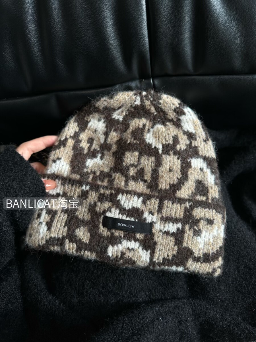 BanliCat 氛围感含羊毛豹纹毛线帽子男女显白针织帽冬保暖包头帽