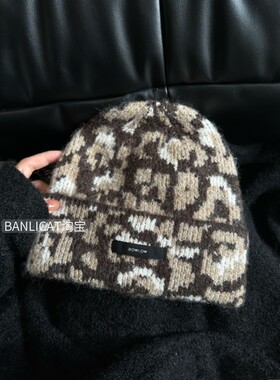 BanliCat 氛围感含羊毛豹纹毛线帽子男女显白针织帽冬保暖包头帽