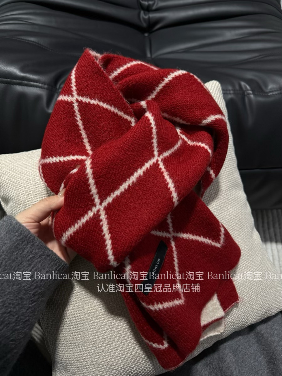 BanliCat 含绵羊毛双面菱形格子红色围巾女冬季送礼新年保暖围脖
