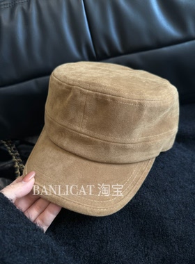 Banlicat 秋冬复古麂皮绒平顶马术帽女贝雷帽显脸小鸭舌帽韩百搭