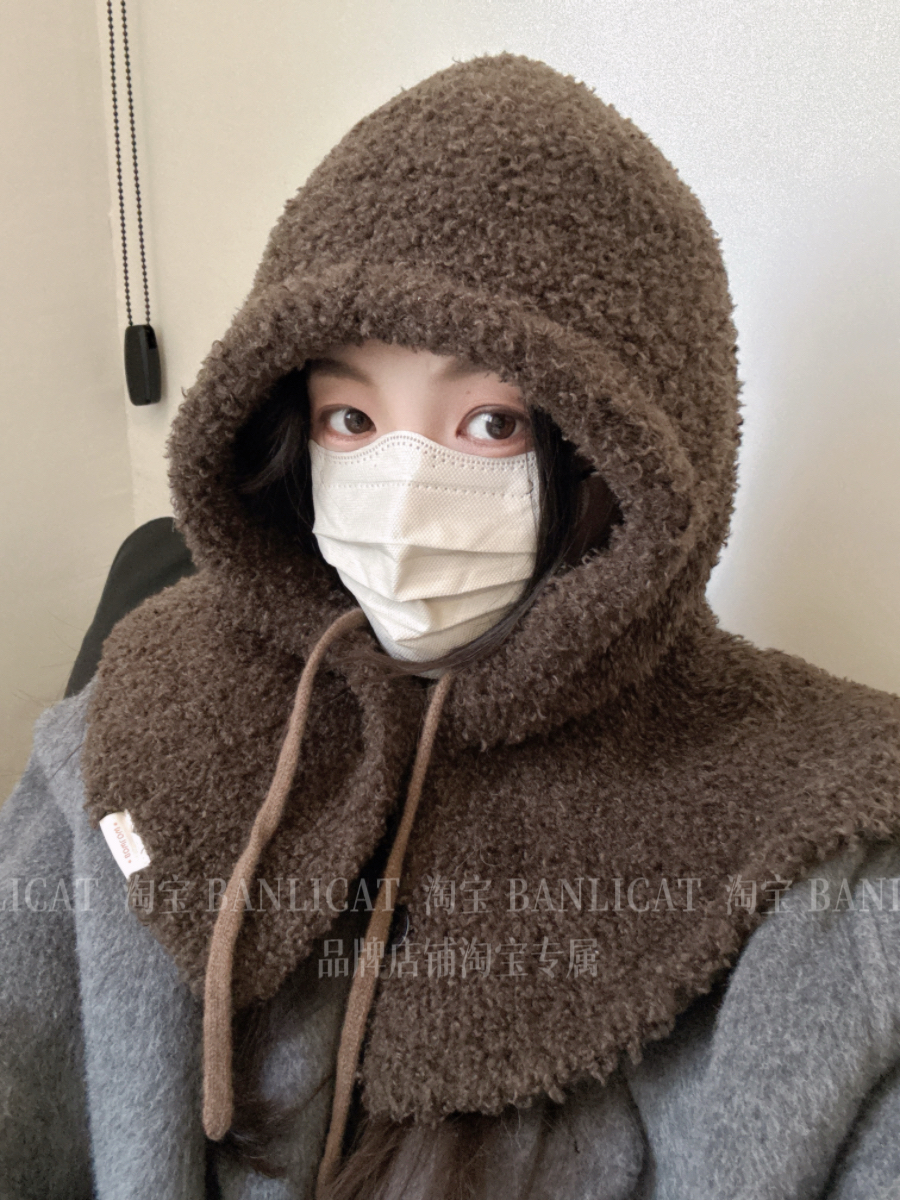 一点不扎 泰迪卷显白棕色含羊毛加厚毛绒巴拉克拉法帽子男保暖冬