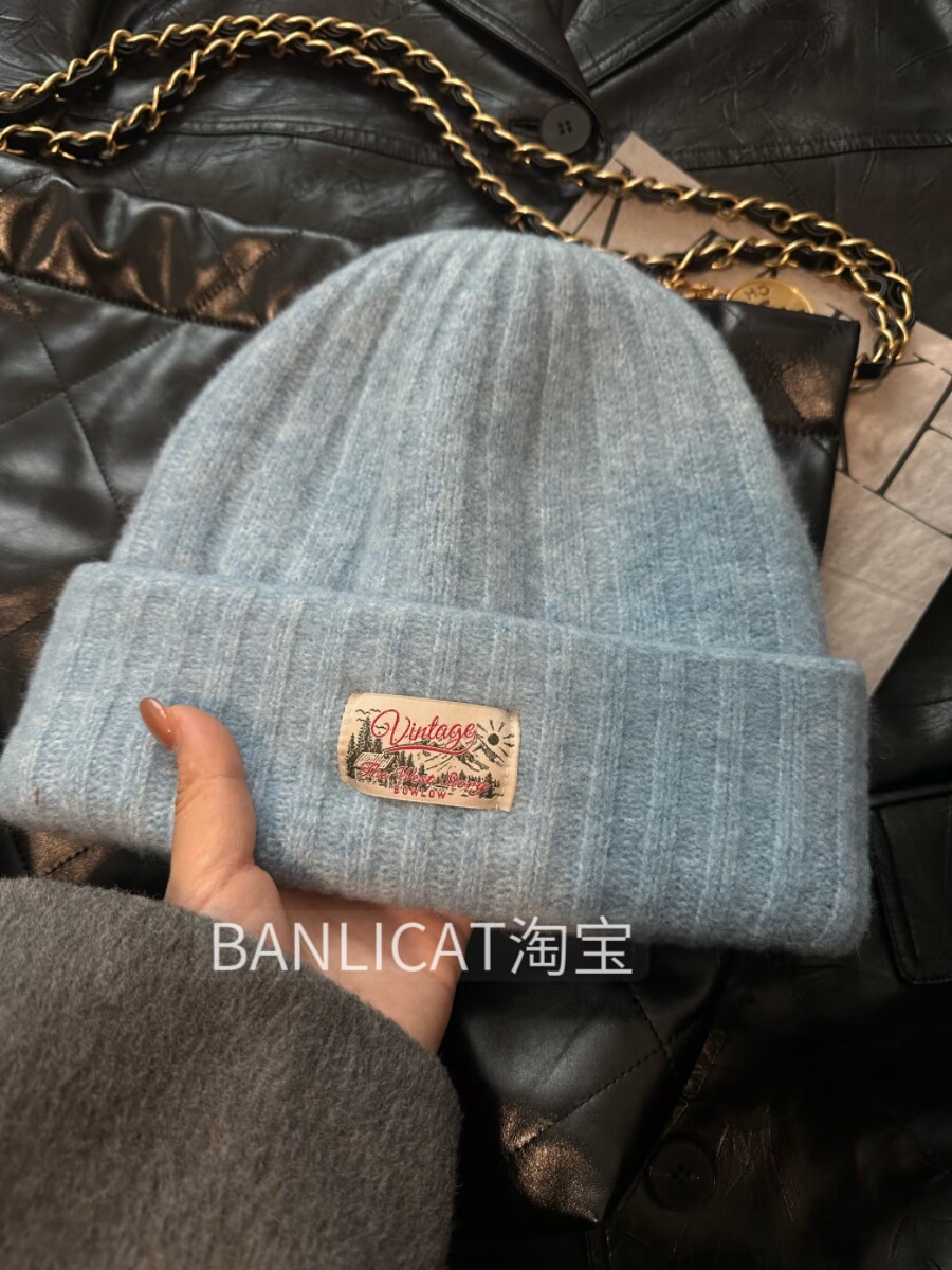 美式含羊毛显白蓝色针织帽男女双层保暖冷帽滑雪大头毛线帽显脸小