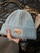 美式 含羊毛显白蓝色针织帽男女双层保暖冷帽滑雪大头毛线帽显脸小