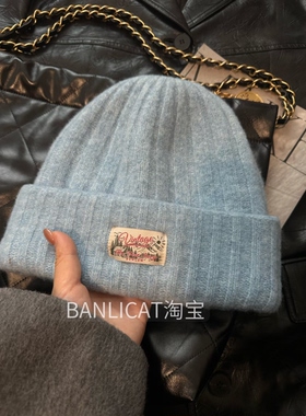 美式含羊毛显白蓝色针织帽男女双层保暖冷帽滑雪大头毛线帽显脸小