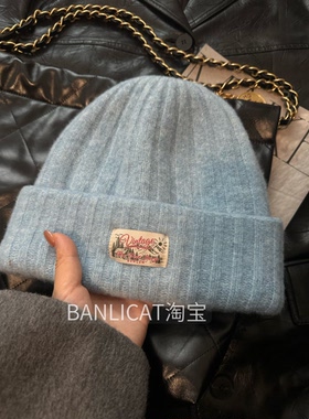 美式含羊毛显白蓝色针织帽男女双层保暖冷帽滑雪大头毛线帽显脸小