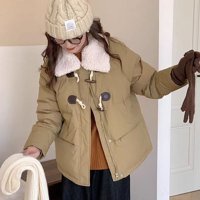 牛角扣冬季新款羽绒棉服女羊羔毛加厚短款学院风小个子韩版外套