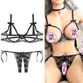 性感文胸托套装 内衣 钢圈聚拢收副乳上托小胸情趣骚透明蕾丝三点式