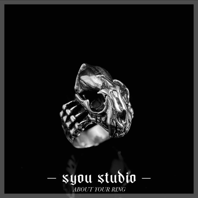 剑齿虎头骨复古戒指小众设计