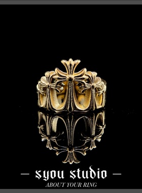 Syou复古山形金十字架钛钢戒指