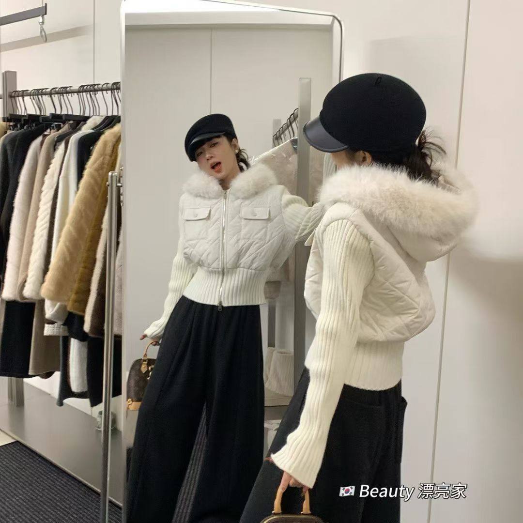 Sun雅乔【小蛮腰】冬季小众特色修身长袖毛领连帽短款棉服外套女
