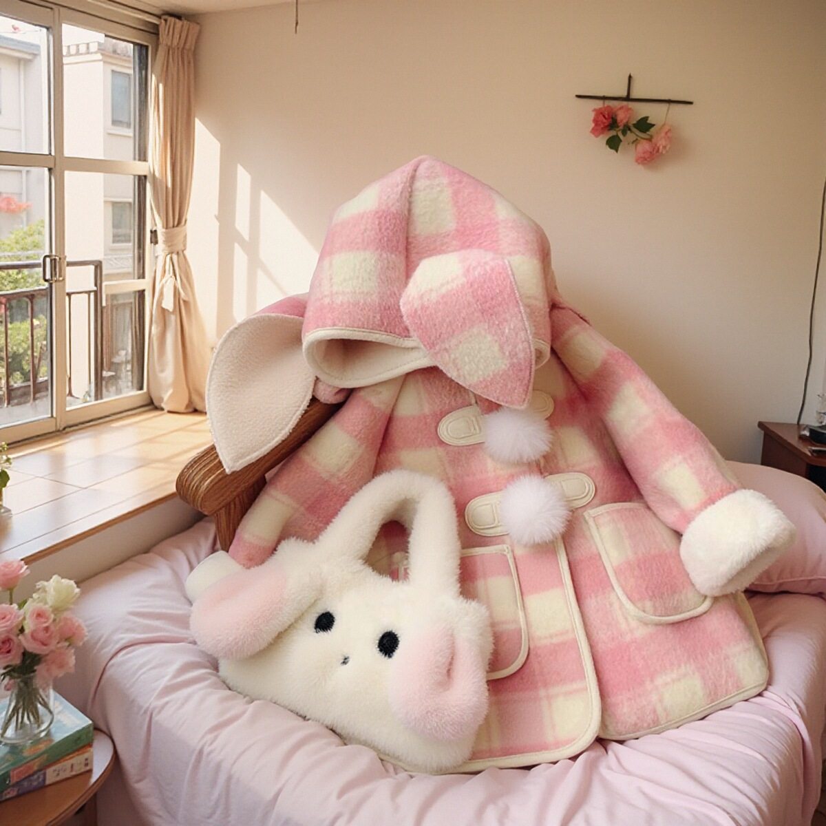 女童一体绒呢子外套冬季连帽年服加绒格子女孩洋气粉色兔兔呢大衣