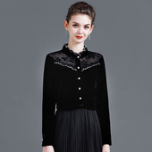 金丝绒打底衫 女冬 女洋气秋冬设计感小众蕾丝上衣内搭黑色保暖衬衫