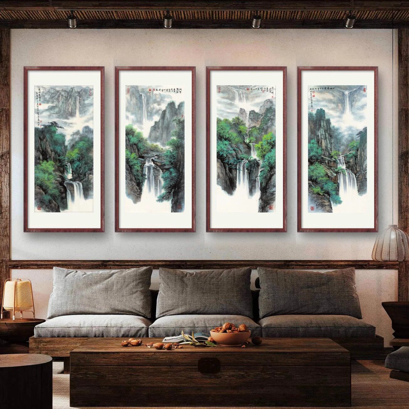 四条屏画艺术微喷名人国画书法精装裱实木框山水茶室中堂厅堂挂画
