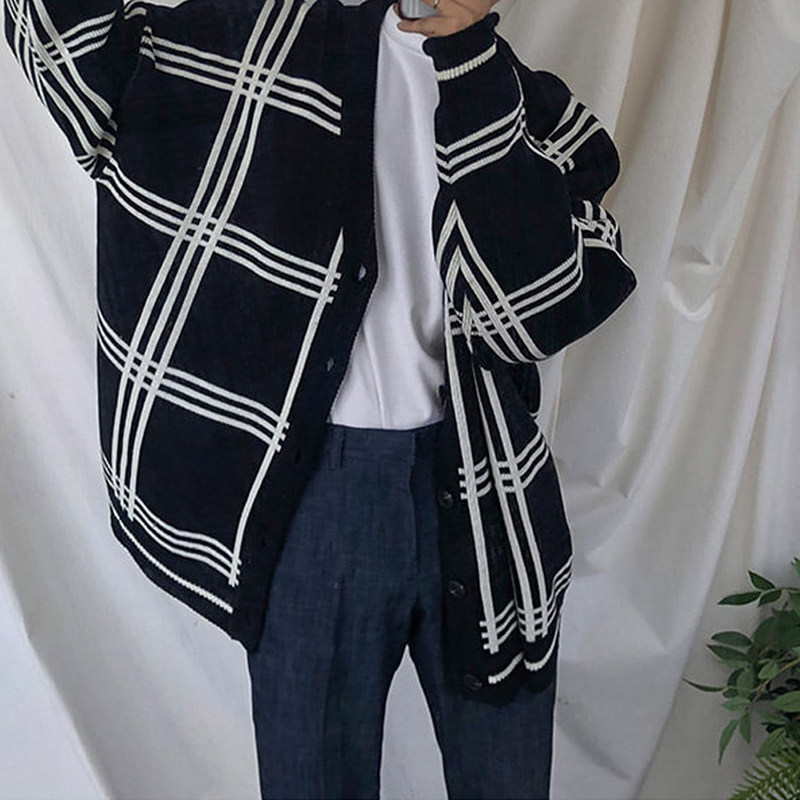 春季ulzzang格子毛衣韩版宽松开衫网红针织衫潮外套M,男装针织衫/毛衣,四季星座713