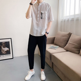 夏季气质棉麻短袖衬衫男套装韩版修身五分中袖衬衣两件套CC18-P90，男装衬衫，四季星座713