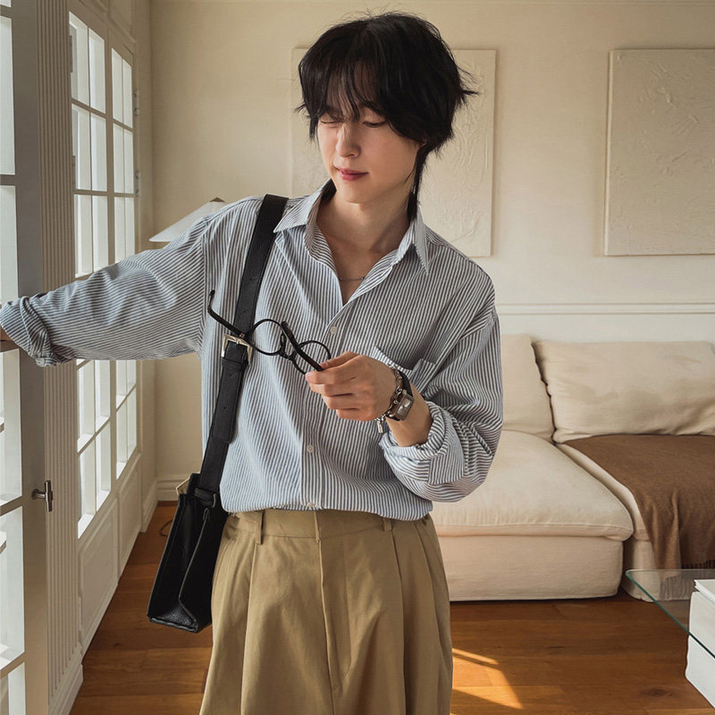 春季帅气高级感竖条纹长袖衬衫男韩版ins宽松潮流衬衣FC118-P55，男装衬衫，四季星座713