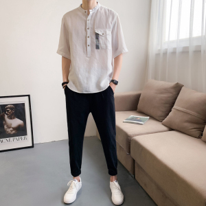 夏季气质棉麻短袖衬衫男套装韩版修身五分中袖衬衣两件套CC18-P90图片