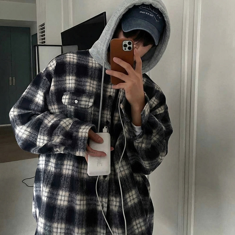 春oversize高品质韩格子连帽长袖衬衫男韩版宽松衬衣CT111-P65,男装衬衫,四季星座713
