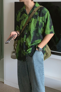 夏季帅气冰爽垂感短袖衬衫男古巴领宽松海边衬衣潮CT211-P45图片