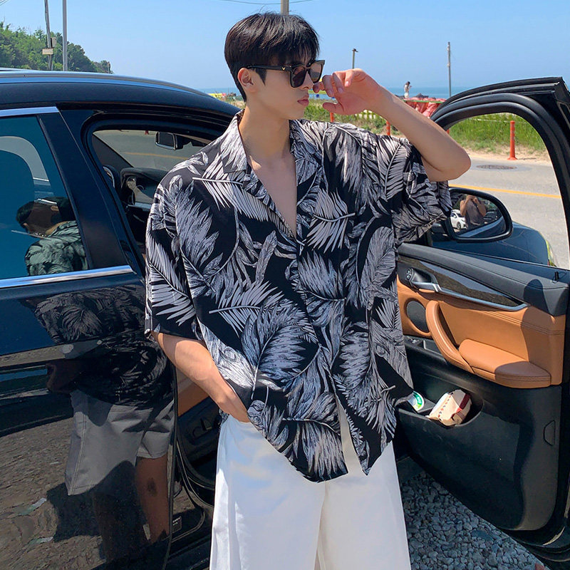 夏季帅气夏威夷垂感树叶短袖衬衫男古巴领宽松海边衬衣CT288-P45，男装衬衫，四季星座713