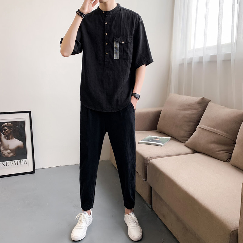 夏季气质棉麻短袖衬衫男套装韩版修身五分中袖衬衣两件套CC18-P90,男装衬衫,四季星座713