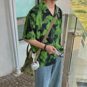 夏季帅气扎染垂感夏威夷短袖衬衫男古巴领宽松海边衬衣CT211-P45图片