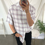 夏季ulzzang垂感格子短袖衬衫男韩版衬衣网红中袖上衣C57-P40，男装衬衫，四季星座713