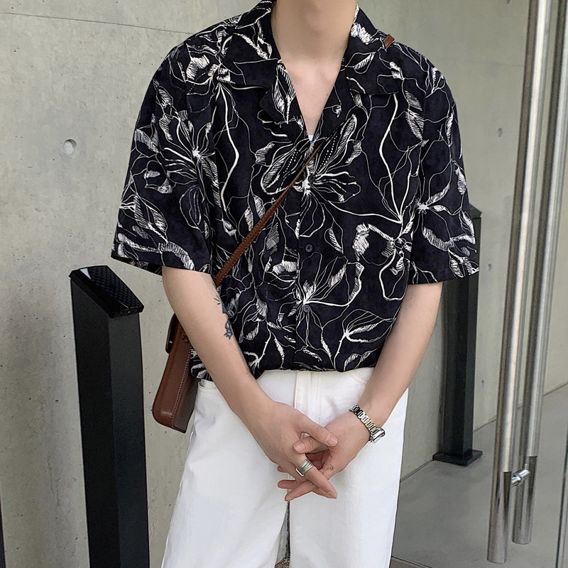 夏季冰爽垂感夏威夷树叶短袖衬衫男韩版宽松花衬衣CT52-P45，男装衬衫，四季星座713