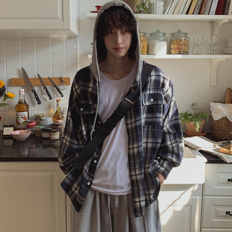 秋季oversize格子连帽长袖衬衫男韩版宽松衬衣ins潮外套CT111-P68，男装衬衫，四季星座713