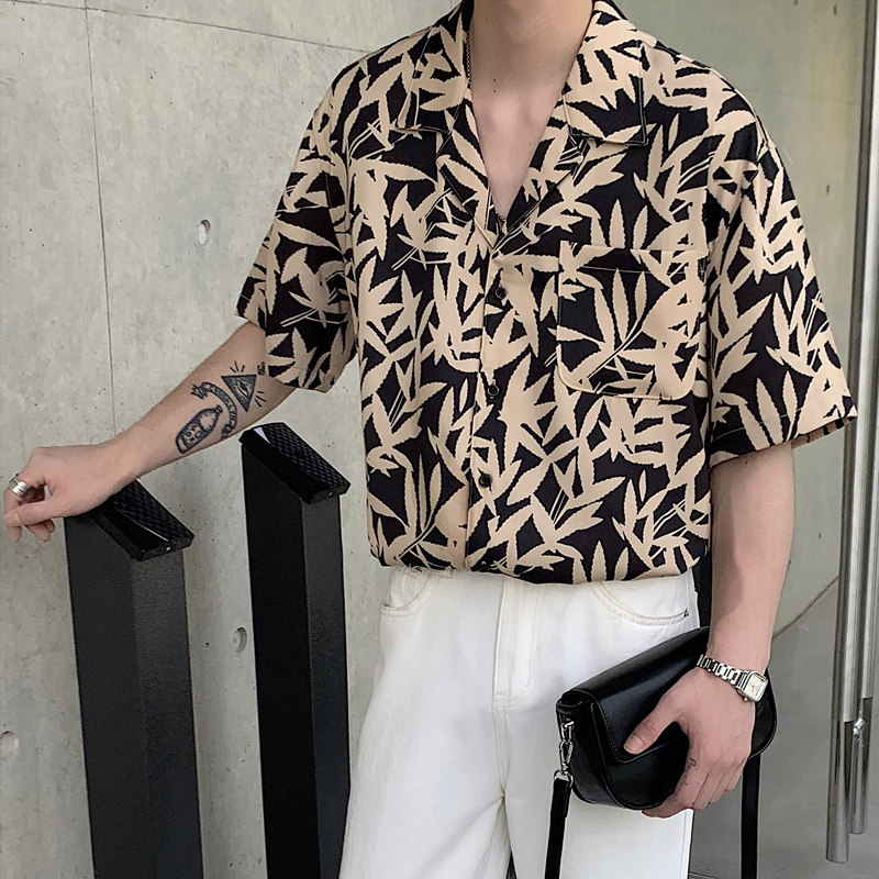 夏季夏威夷垂感冰爽短袖衬衫男韩版宽松落肩树叶衬衣CT53-P45图片