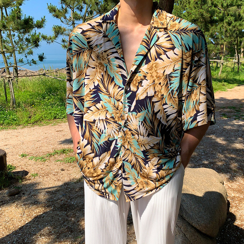 夏季夏威夷垂感冰爽树叶短袖衬衫男韩版宽松海边衬衣CT277-P45,男装衬衫,四季星座713