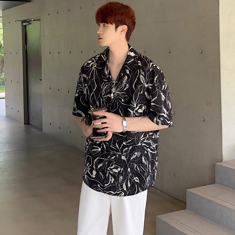 夏季气质垂感夏威夷树叶短袖衬衫男韩版宽松花衬衣CT52-P45，男装衬衫，四季星座713