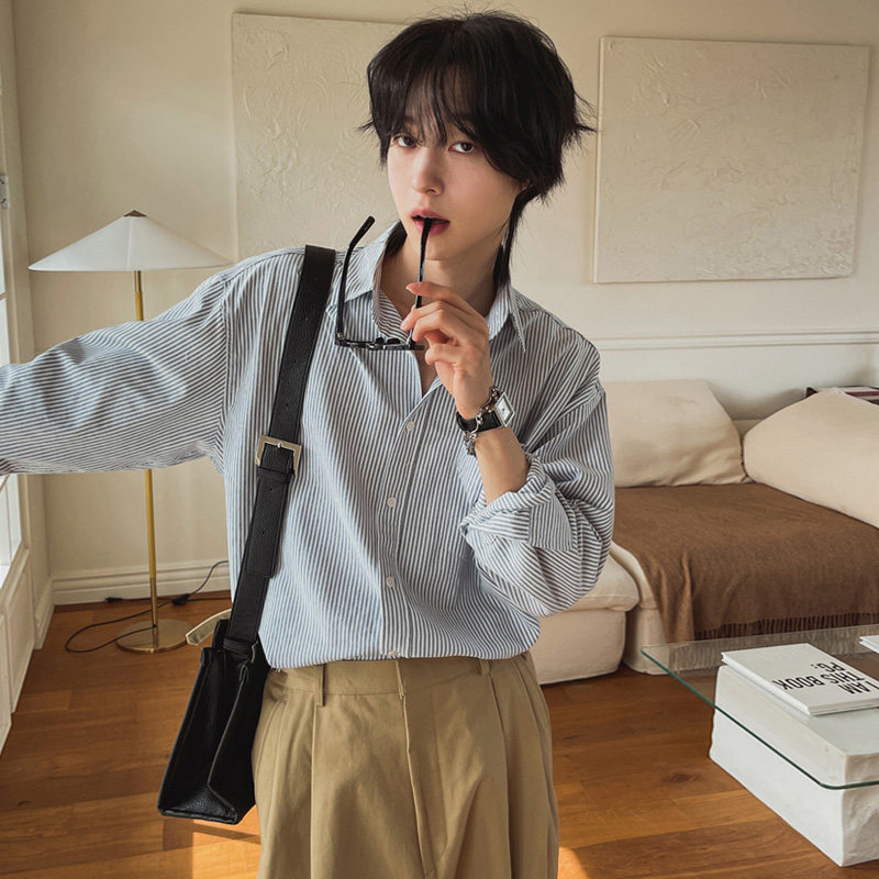 春季帅气竖条纹长袖衬衫男韩版ins宽松潮流衬衣FC118-P55，男装衬衫，四季星座713