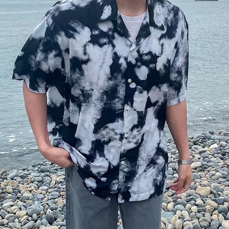 夏季帅气扎染垂感夏威夷短袖衬衫男古巴领宽松海边衬衣CT211-P45，男装衬衫，四季星座713