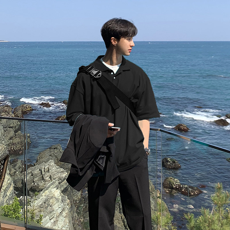 夏季ulzzang纯棉短袖polo衫男韩版宽松落肩网眼保罗衫T恤CT17-P45，男装Polo衫，四季星座713