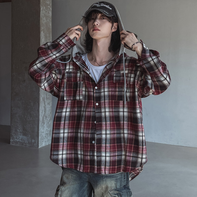 秋季oversize格子连帽长袖衬衫男女韩版宽松衬衣ins外套CT111-P68，男装衬衫，四季星座713
