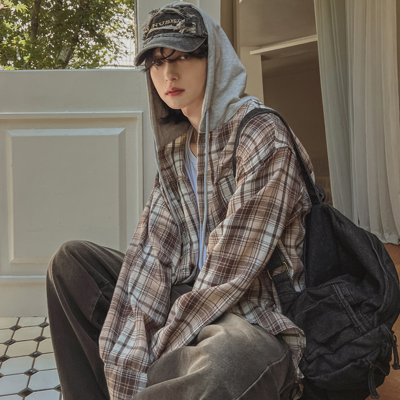 秋装帅气格子连帽长袖衬衫男韩版宽松休闲衬衣ins潮外套CT111-P68，男装衬衫，四季星座713